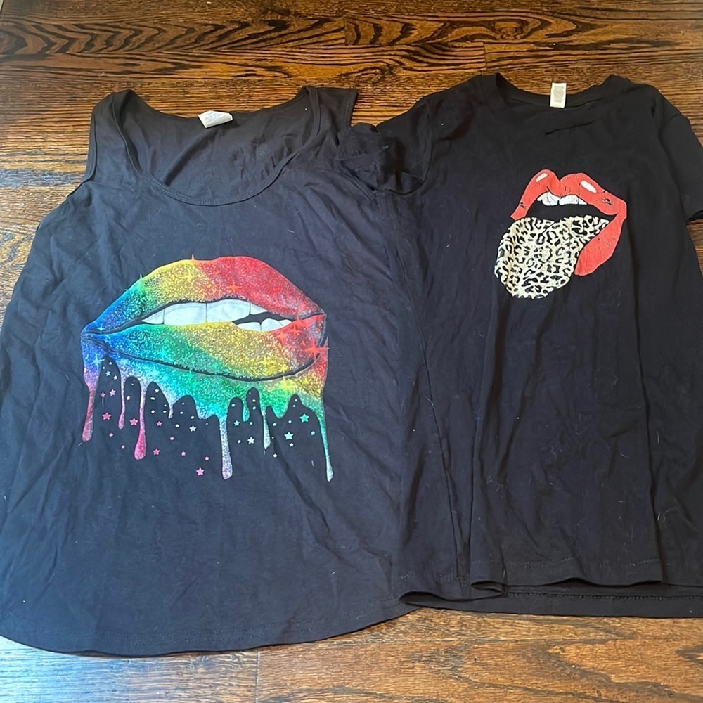 Two black shirts with lips/tongue. Used. - Picture 1 of 8